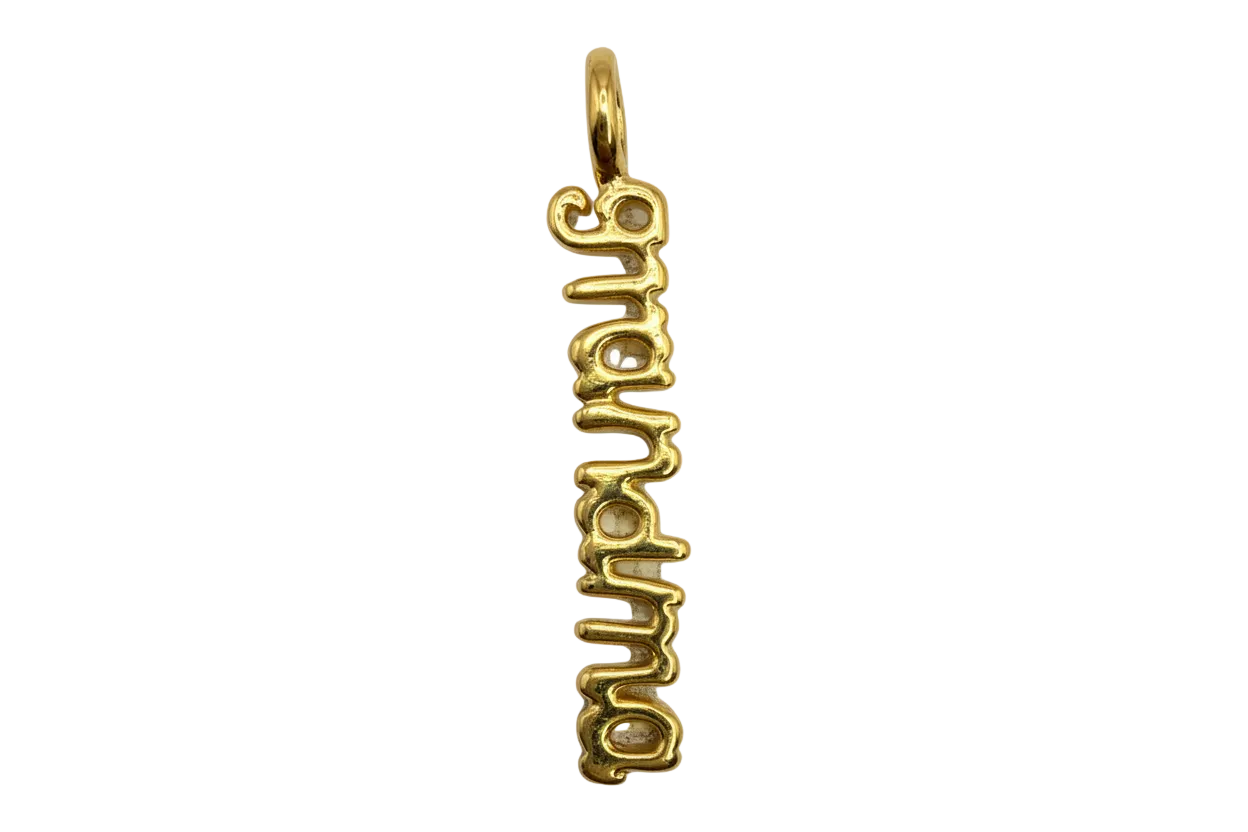 Polished gold vertical script pendant spelling “dumbass” in bubble-style letters