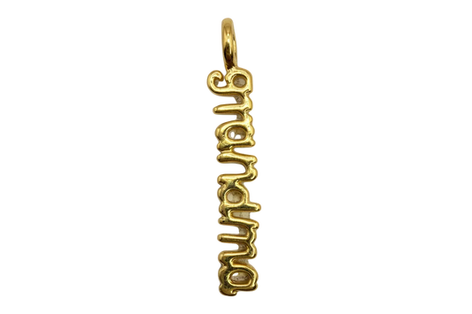 Polished gold vertical script pendant spelling “dumbass” in bubble-style letters
