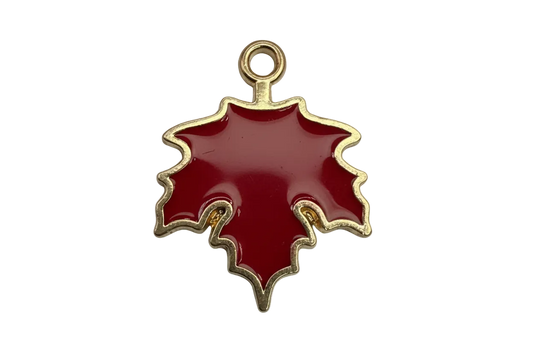 Glossy red enamel maple leaf with gold outline