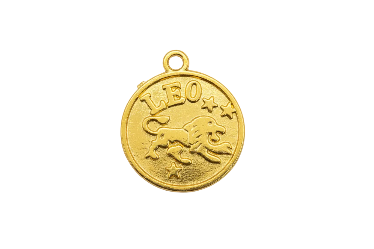 Gold round coin charm with embossed lion, LEO lettering, and small stars