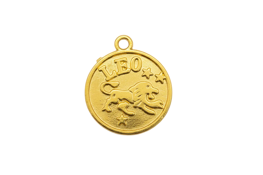 Gold round coin charm with embossed lion, LEO lettering, and small stars