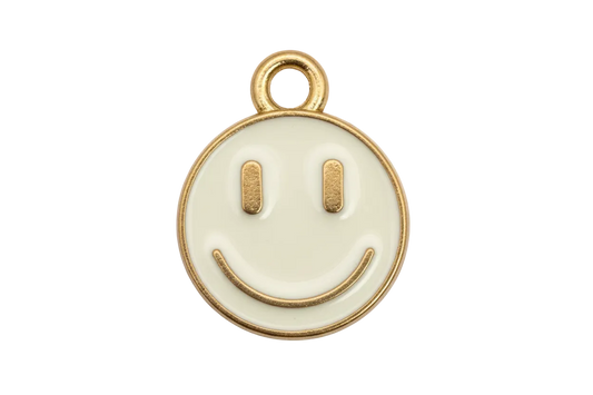 White enamel round smiley face disc with gold outline and loop top