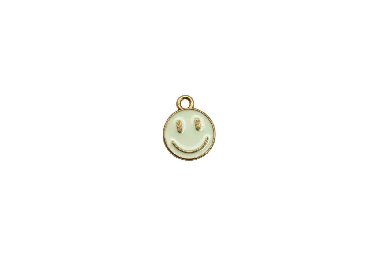 White enamel smiley face disc with gold outline