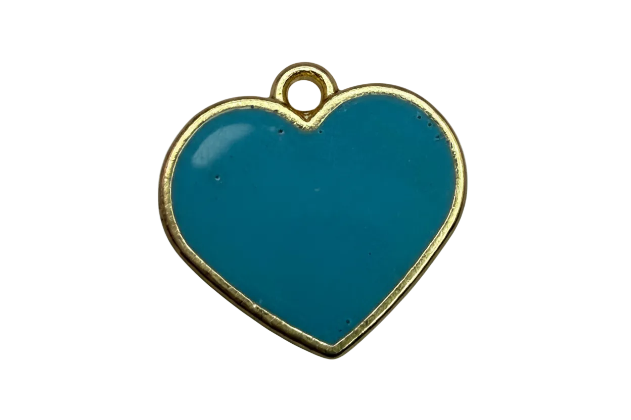 Glossy teal enamel heart with gold outline and small clear gem accent
