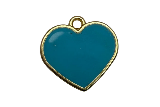 Glossy teal enamel heart with gold outline and small clear gem accent