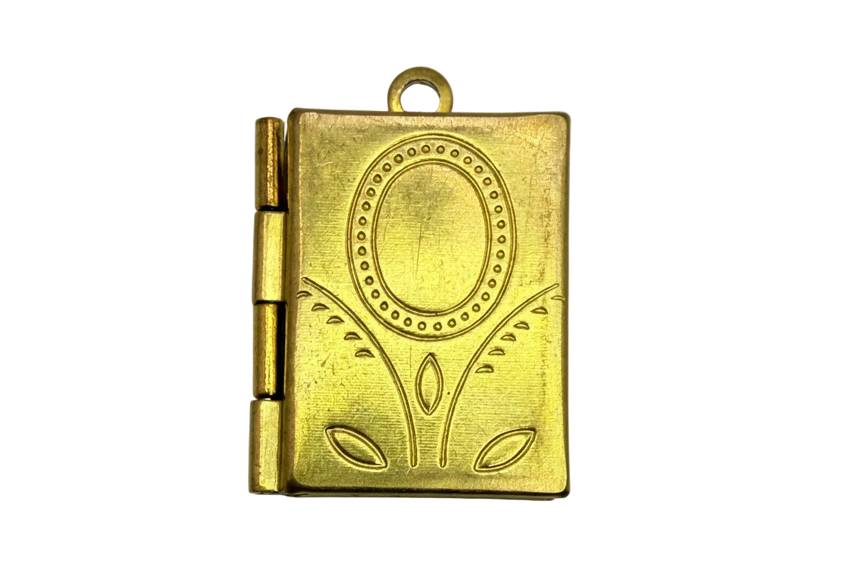 Gold rectangular book locket with embossed oval frame and floral engraving