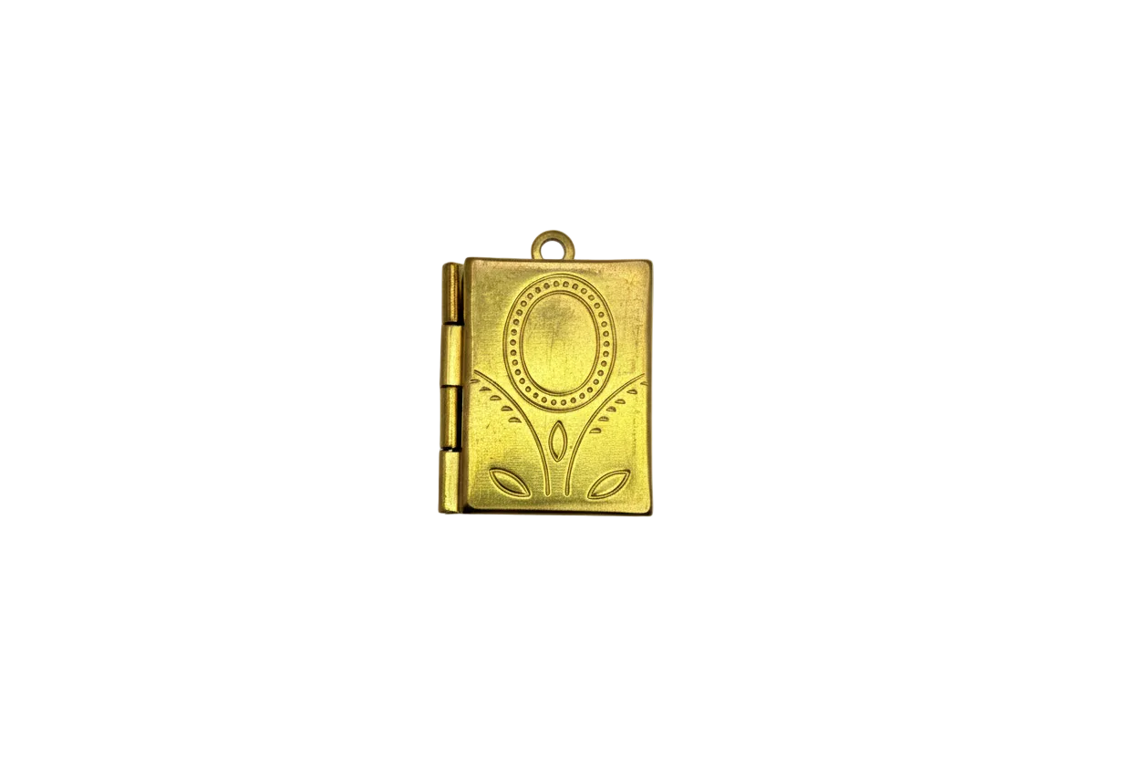 Gold book locket with embossed oval frame and floral engraving