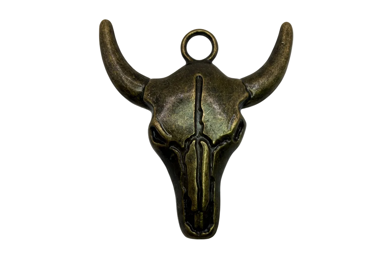 Antiqued gold bull skull with long horns and dark etched detailing