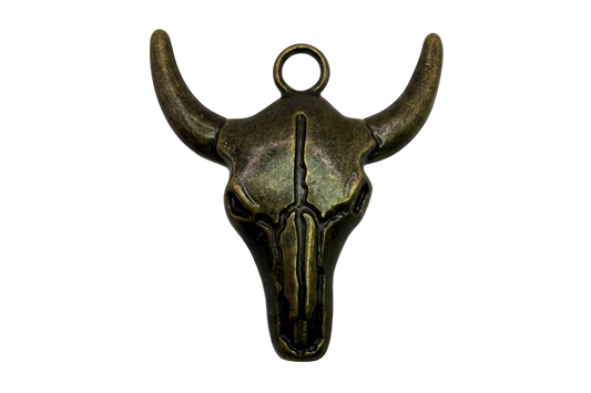 Antiqued gold bull skull with long horns and dark etched detailing