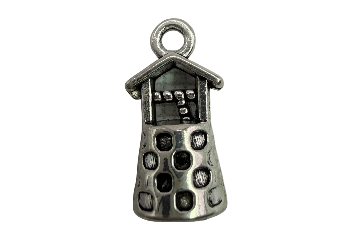 Antiqued silver house building charm with window cutouts and roof detail
