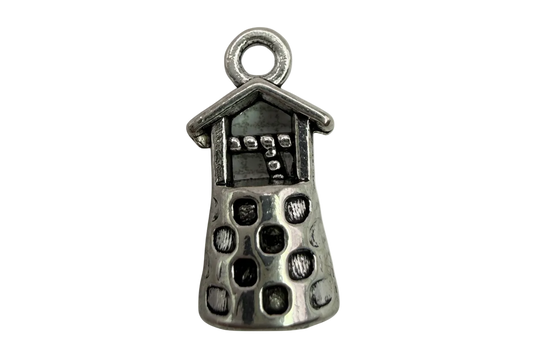 Antiqued silver house building charm with window cutouts and roof detail