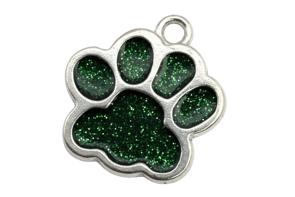 Silver paw print charm with dark green glitter inlay