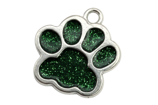 Silver paw print charm with dark green glitter inlay