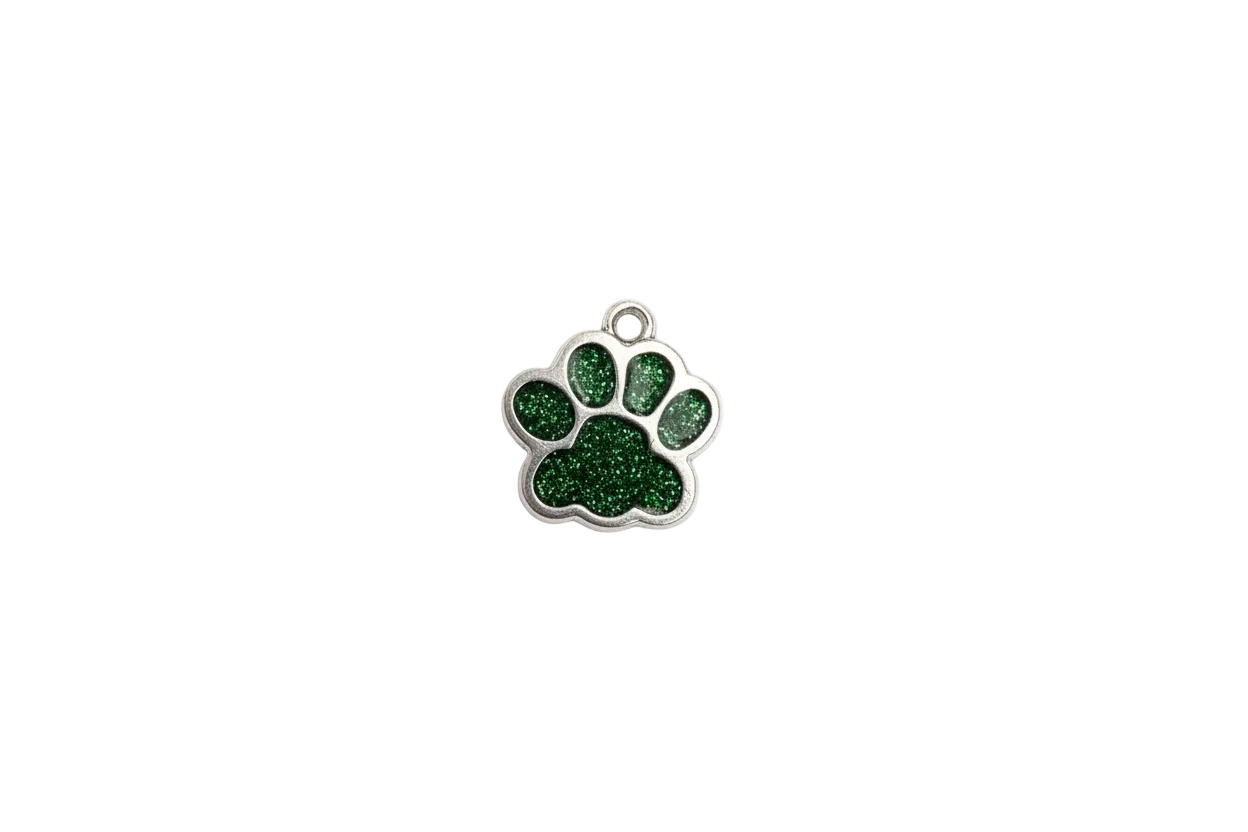 Silver paw print with green glitter inlay