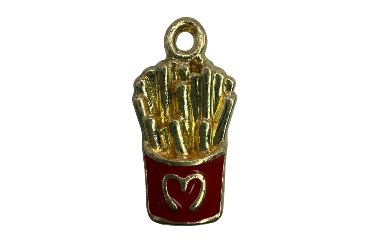 Gold and red enamel french fries carton with raised fries detail