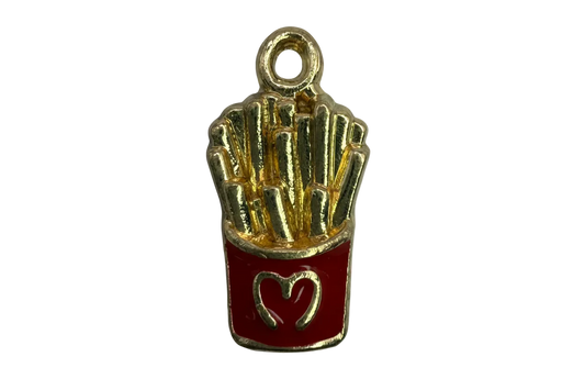 Gold and red enamel french fries carton with raised fries detail