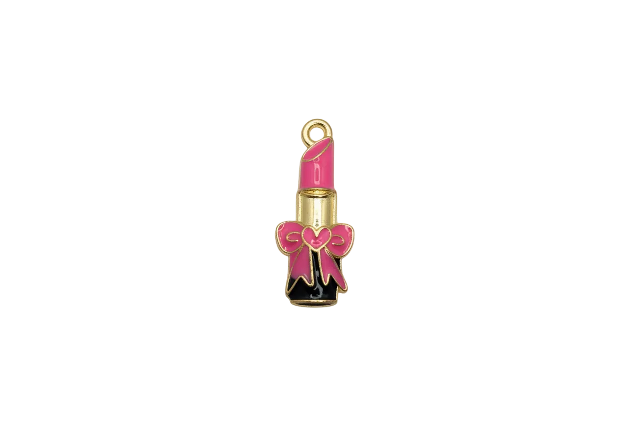 Gold lipstick tube with pink bow and heart, black base