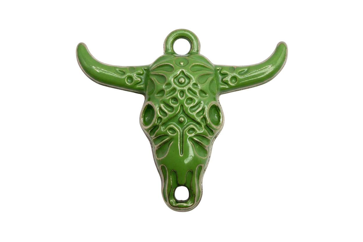 Lime green longhorn skull charm with glossy raised detailing and silver-toned accents