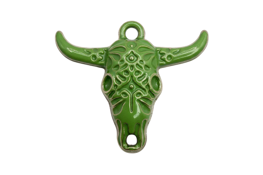 Lime green longhorn skull charm with glossy raised detailing and silver-toned accents