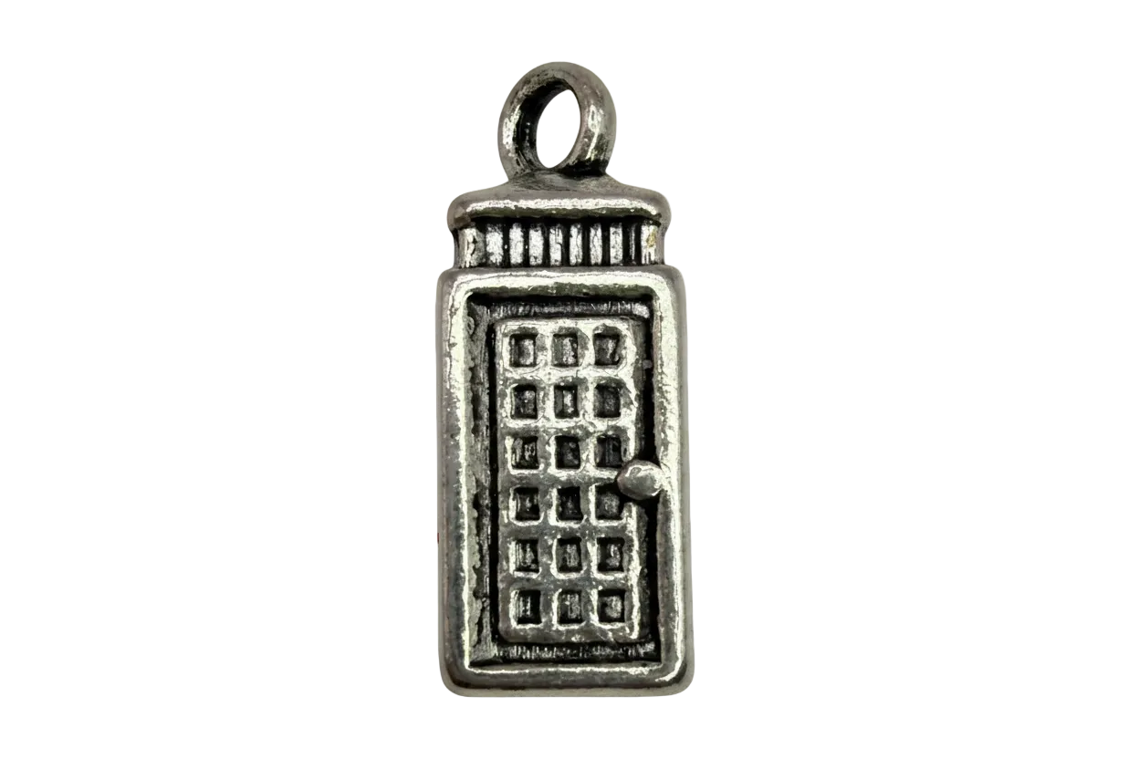 Antiqued silver panel door charm with windowpane grid and small knob detail