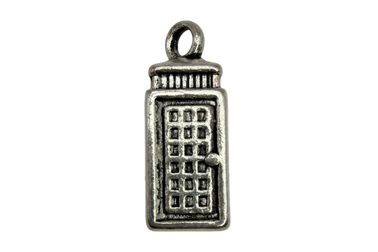 Antiqued silver panel door charm with windowpane grid and small knob detail