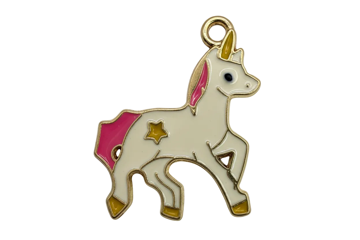 White unicorn silhouette with pink mane and tail, gold horn and star accent