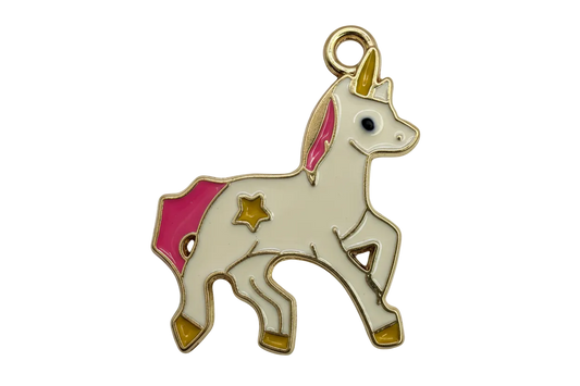 White unicorn silhouette with pink mane and tail, gold horn and star accent