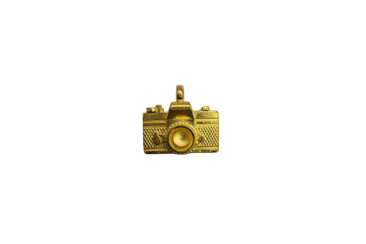 Gold camera charm with raised lens