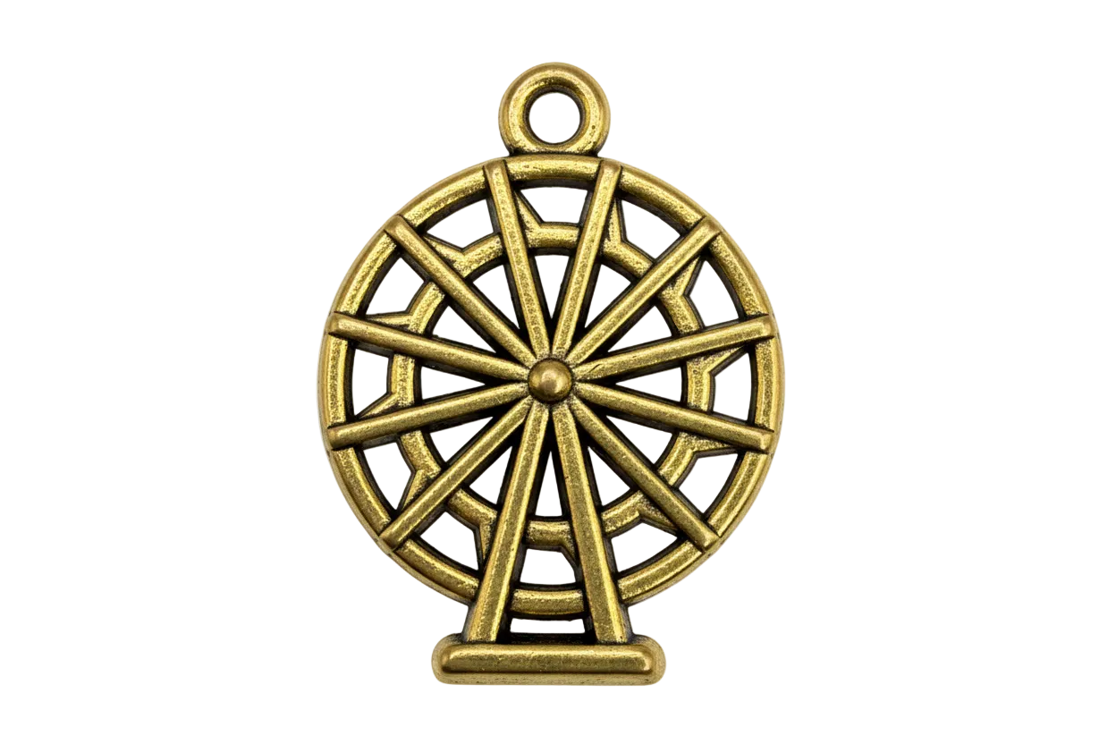 Gold ferris wheel pendant with spoke details and a small top ring