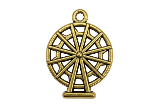 Gold ferris wheel pendant with spoke details and a small top ring