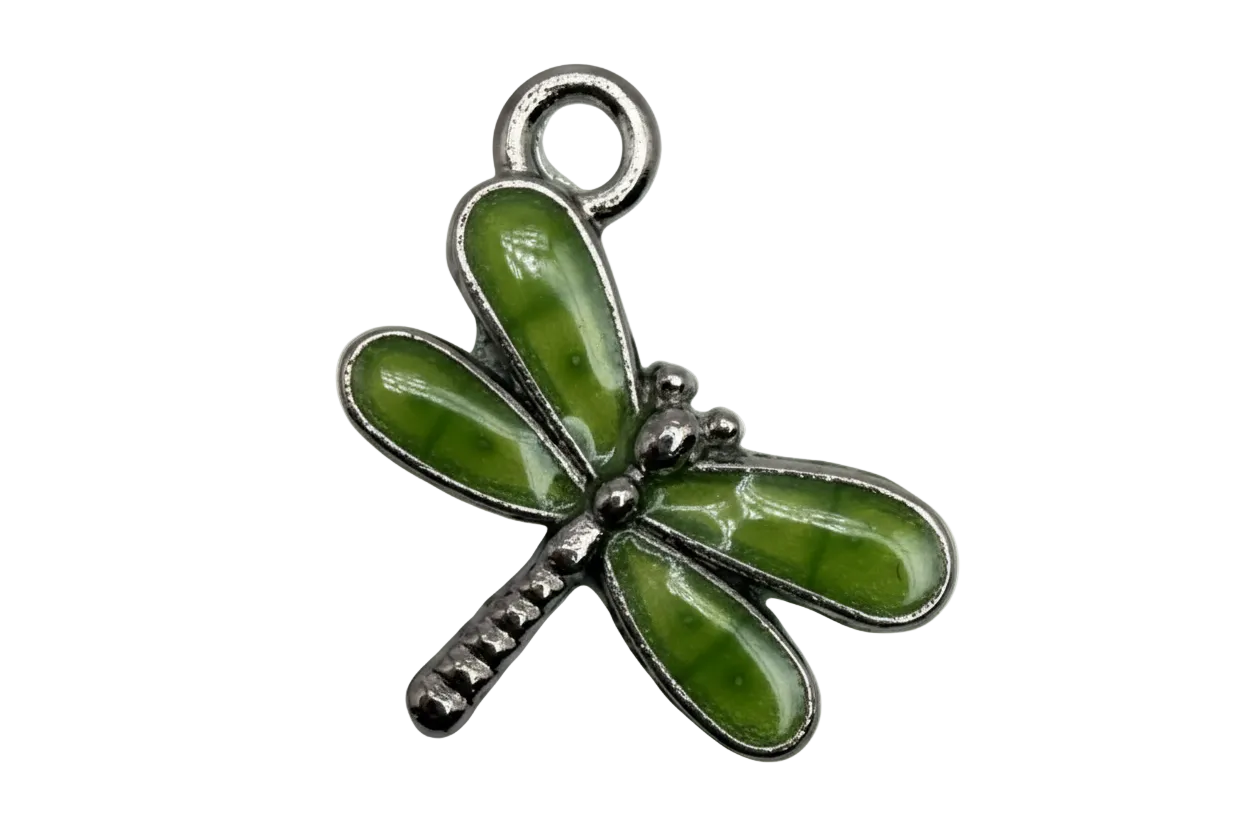 Green enamel dragonfly pendant with polished silver-tone outline on black background