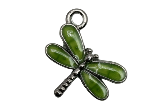 Green enamel dragonfly pendant with polished silver-tone outline on black background