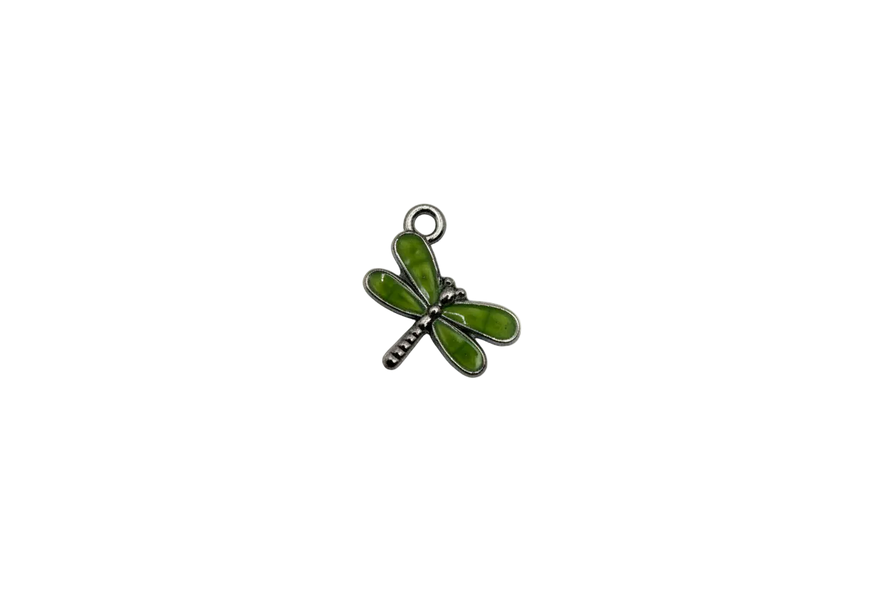Green enamel dragonfly pendant in silver-tone metal