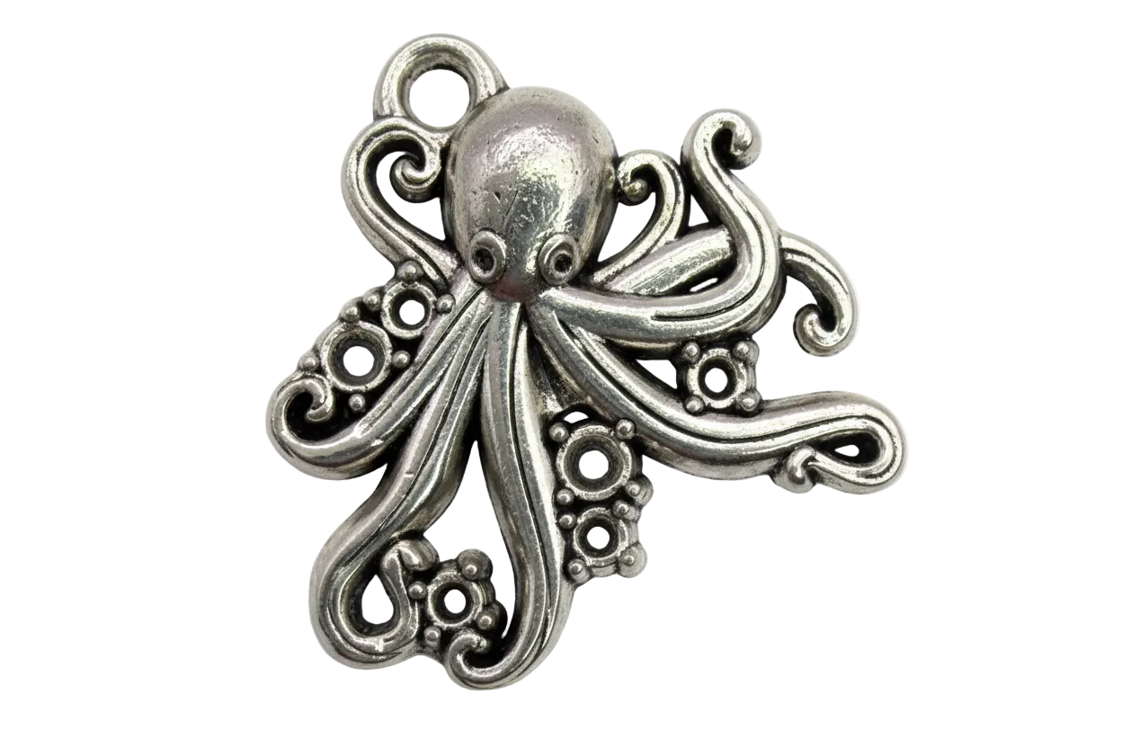 Antiqued silver octopus charm with swirling tentacles and oxidized details