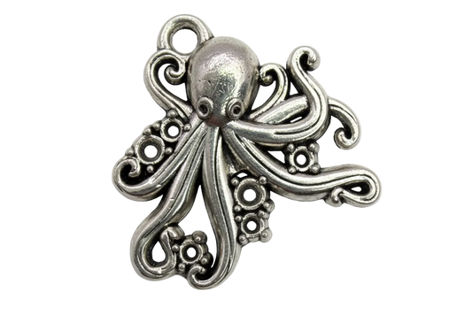 Antiqued silver octopus charm with swirling tentacles and oxidized details