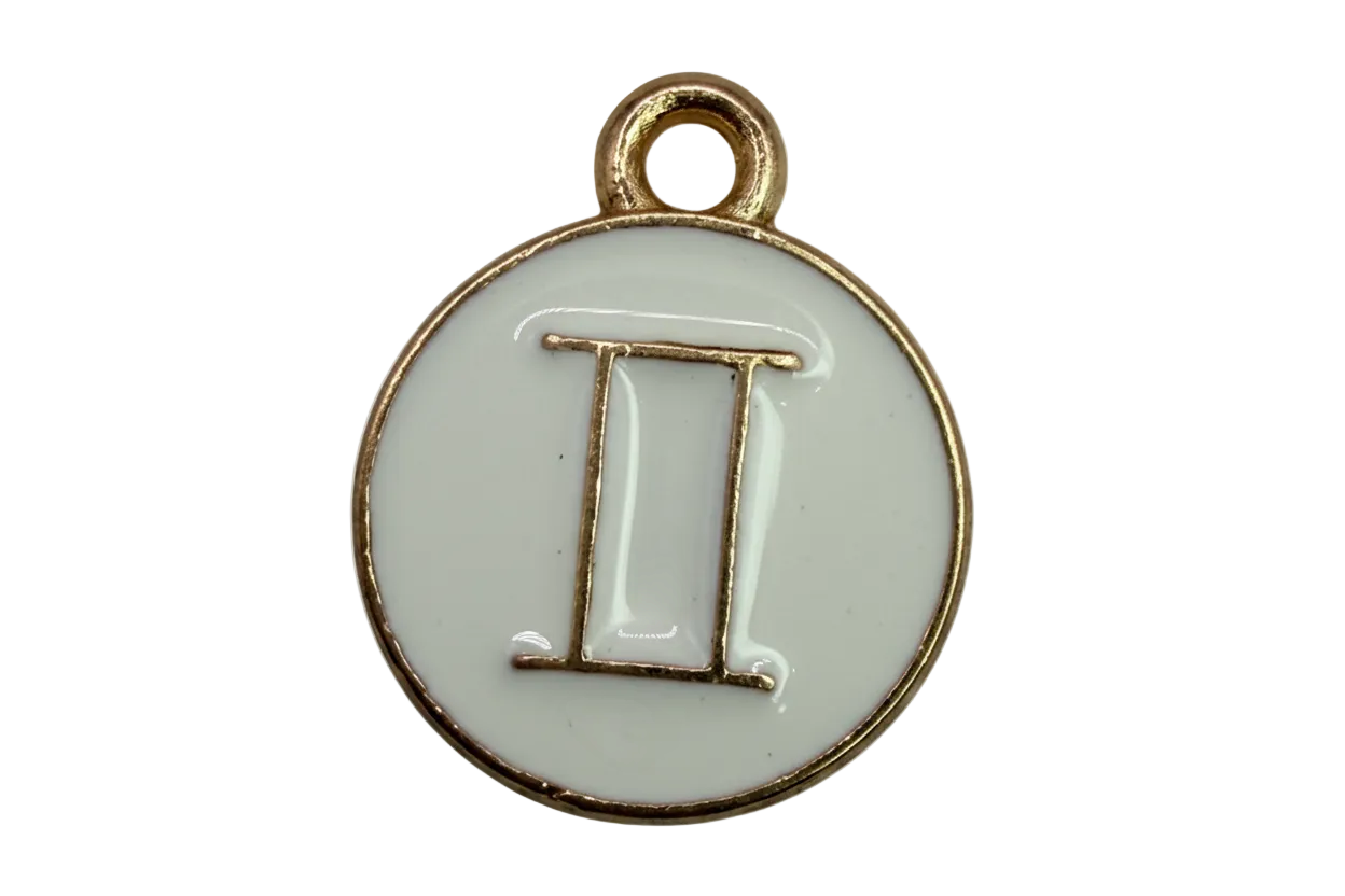 White enamel round disc with gold pi symbol and gold rim