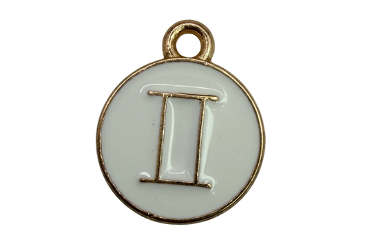 White enamel round disc with gold pi symbol and gold rim