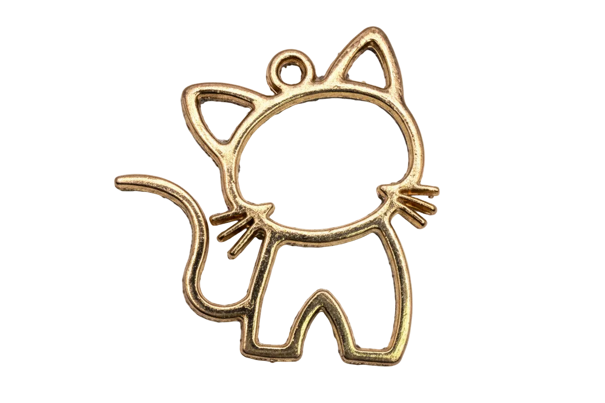 Polished gold openwork cat outline with whiskers, pointed ears, and curled tail