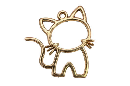 Polished gold openwork cat outline with whiskers, pointed ears, and curled tail