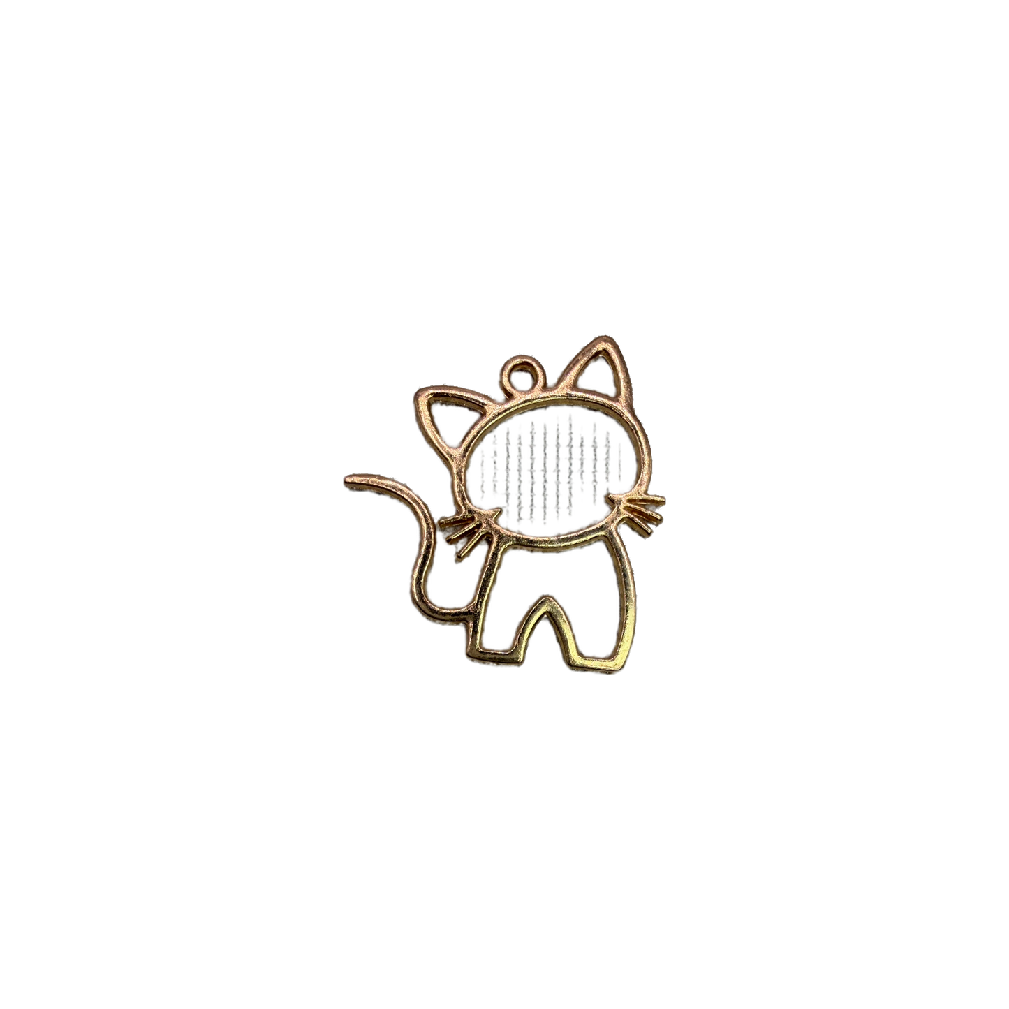 Gold openwork cat outline with whiskers and curled tail