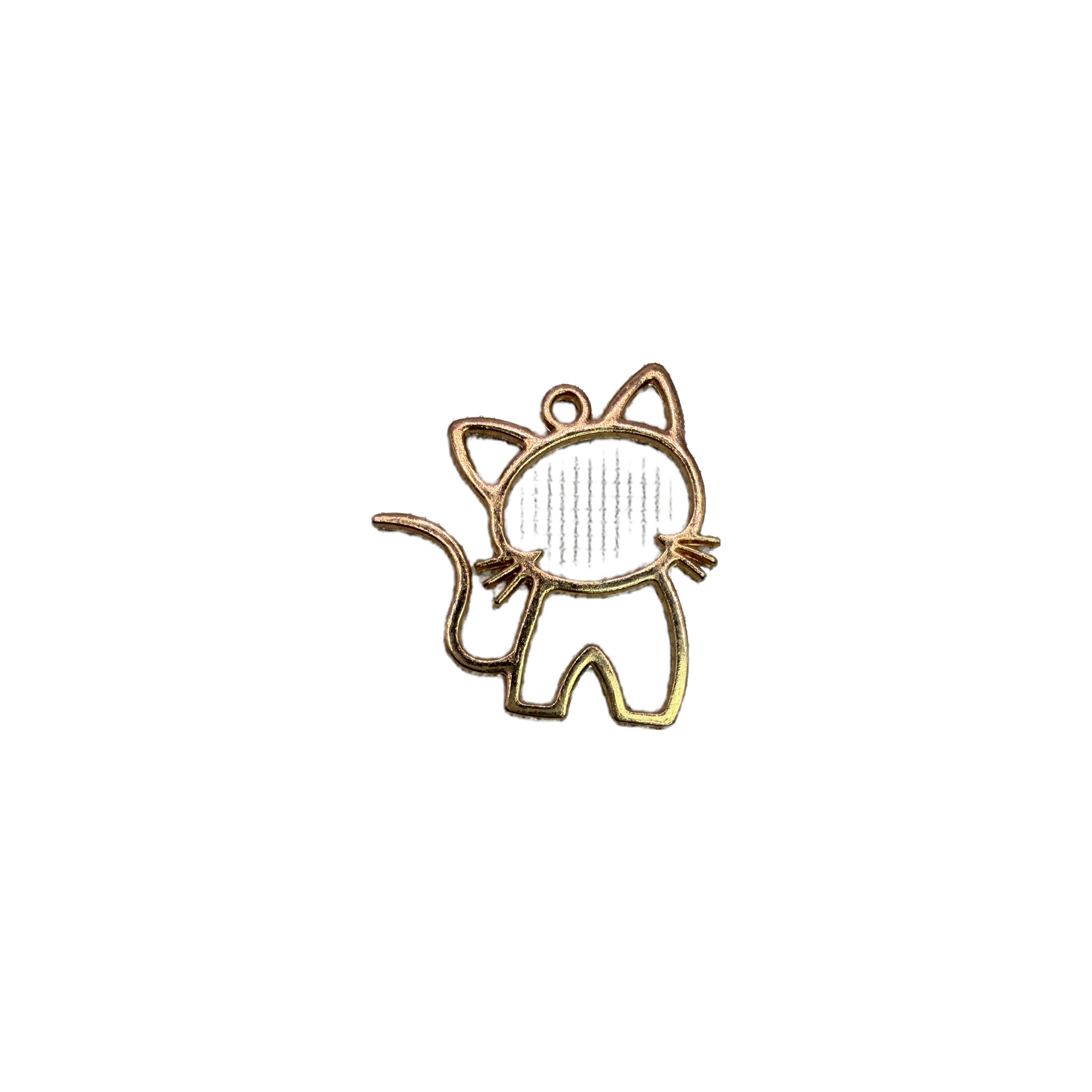 Gold openwork cat outline with whiskers and curled tail