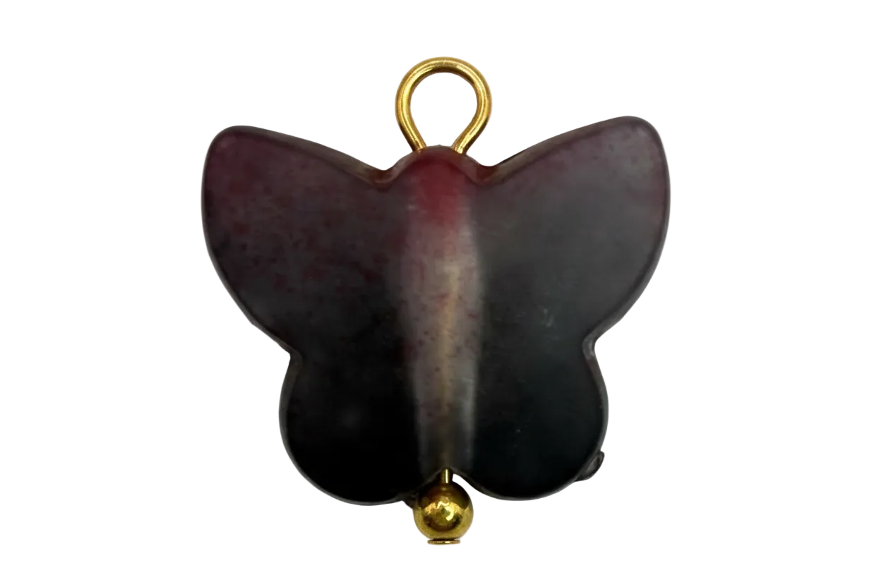 Smoky black butterfly charm with subtle burgundy gradient and polished gold accents