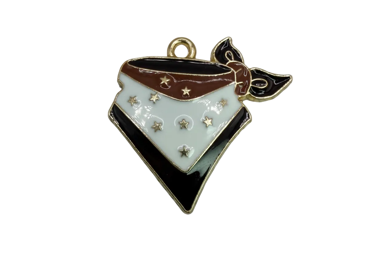White and black enamel bandana with brown trim and tiny gold star accents, outlined in gold
