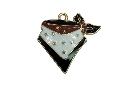 White and black enamel bandana with brown trim and tiny gold star accents, outlined in gold