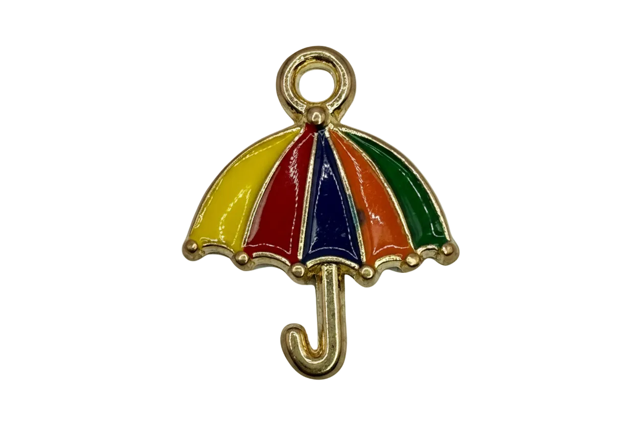 Gold rainbow umbrella charm with glossy enamel panels in yellow, red, navy, orange, and green