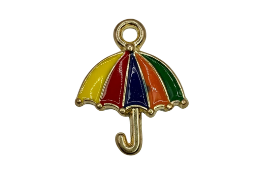 Gold rainbow umbrella charm with glossy enamel panels in yellow, red, navy, orange, and green
