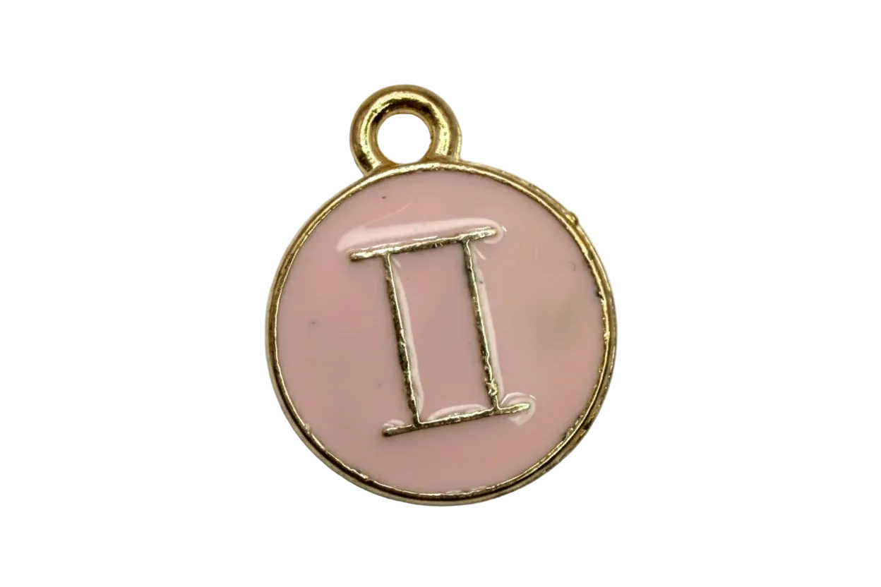 Round gold-tone disc with blush pink enamel and serif letter I detail
