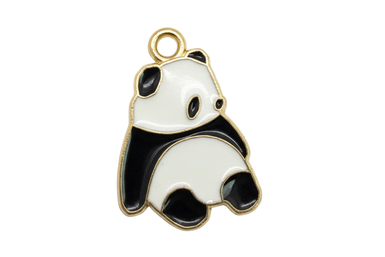 Black and white panda bear charm with glossy enamel and gold outline