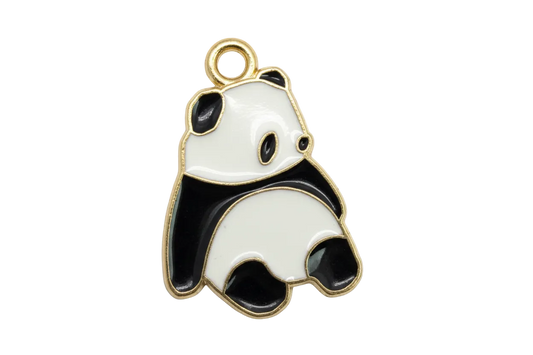 Black and white panda bear charm with glossy enamel and gold outline