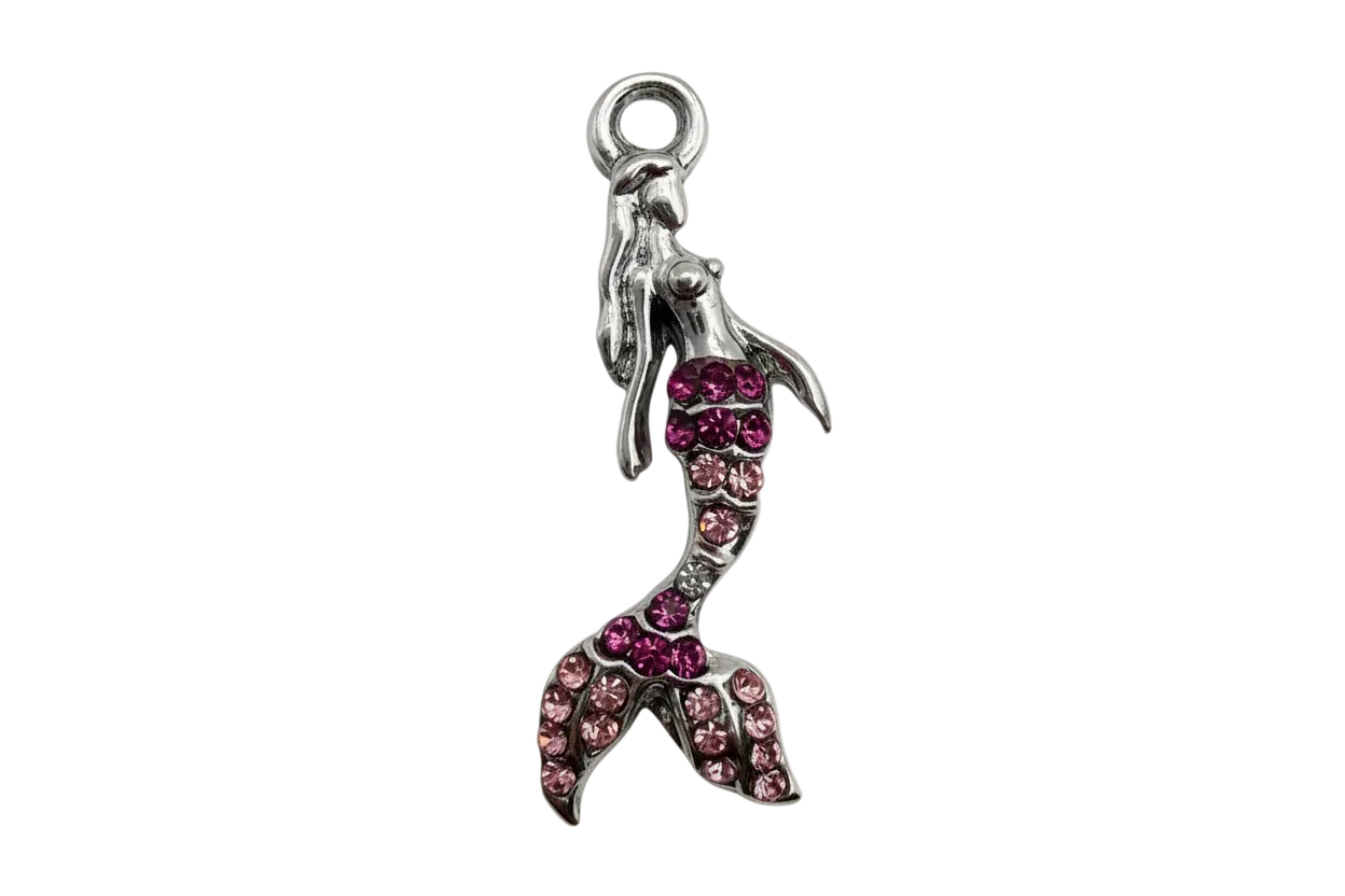 Silver mermaid charm accented with purple and pink pavé crystals